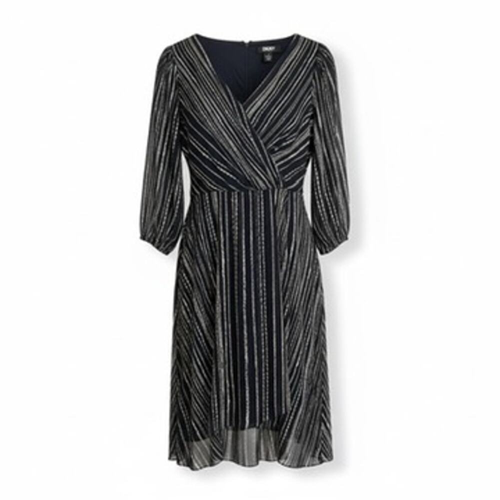 DKNY Women's Wrap Front Dress Black White Size 16 officewear workwear
